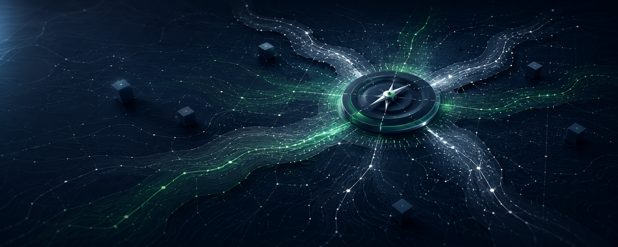Dark data landscape with a glowing compass at the centre of connected pathways